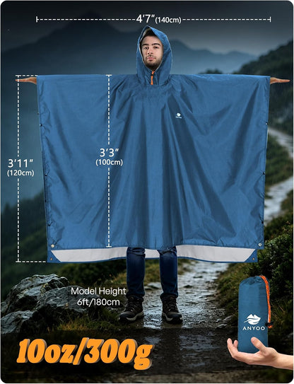 ANYOO Hooded Rain Poncho for Adult Waterproof Lightweight Raincoat