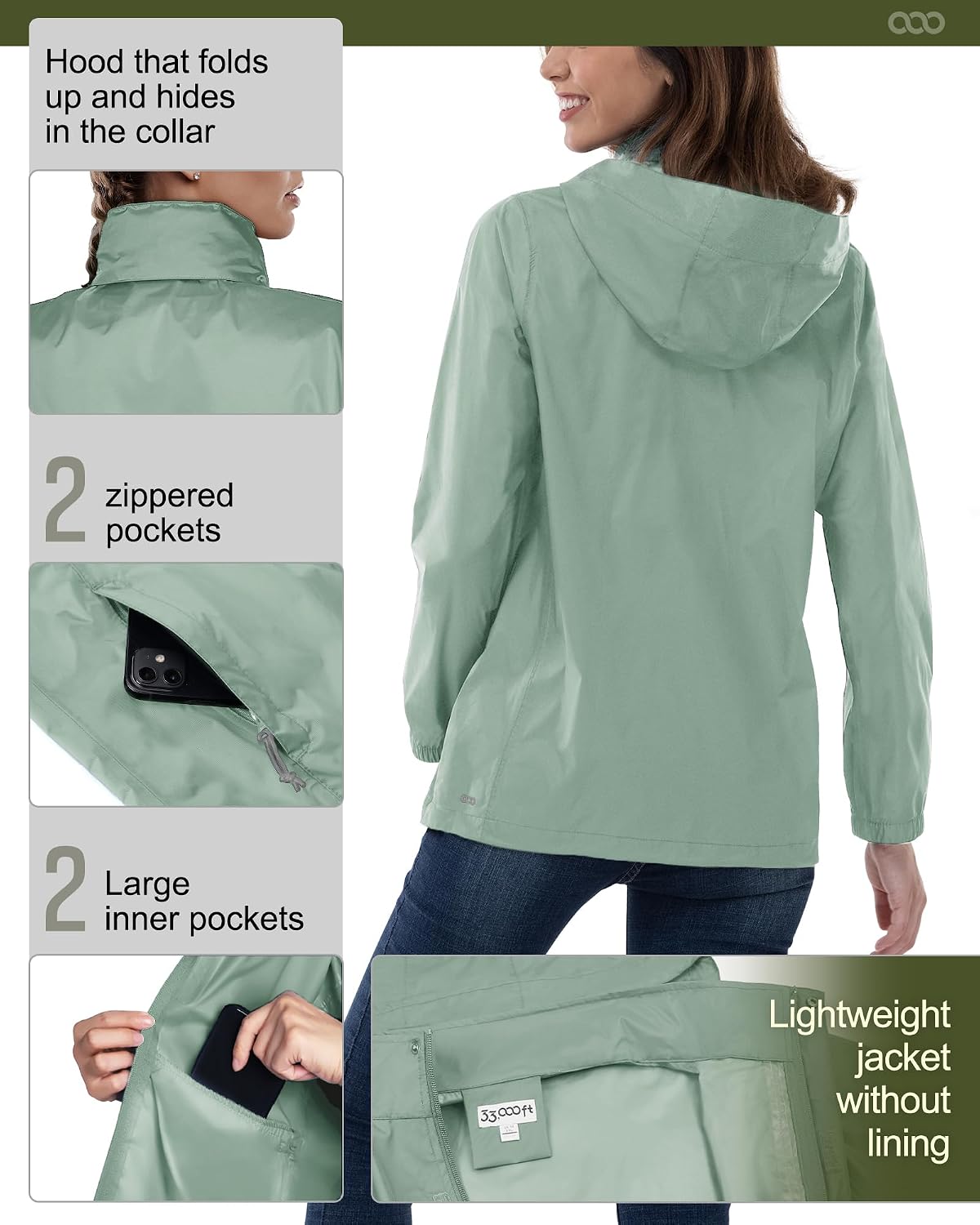 33,000ft Women's Rain Jacket Waterproof Lightweight Packable Raincoat