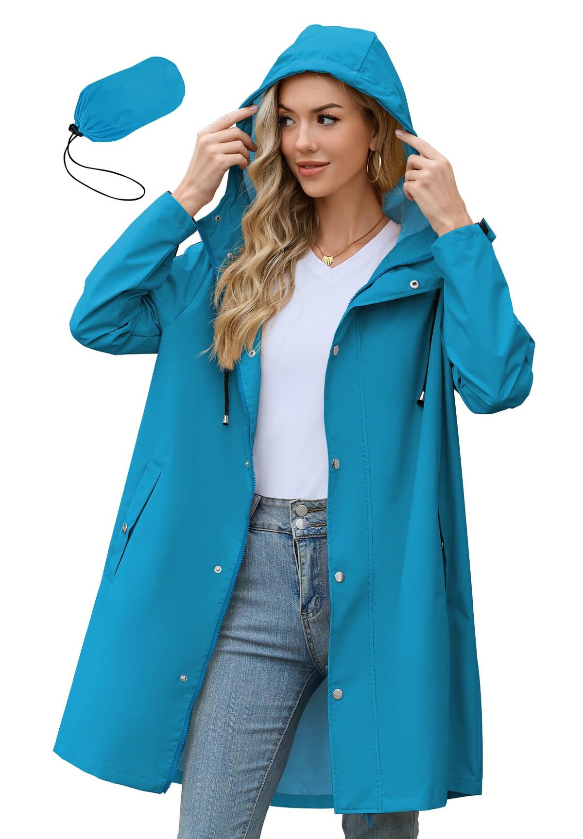 Zando Long Packable Rain Jacket Women Waterproof Raincoat with Hood