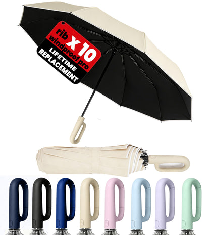 SIEPASA Travel Umbrella with Carabiner Handle - Windproof 10 Ribs Auto Open/Close for Rain & Sun Protection, Compact Portable Clip-on Backpack Design with Safety Reflective Strip.