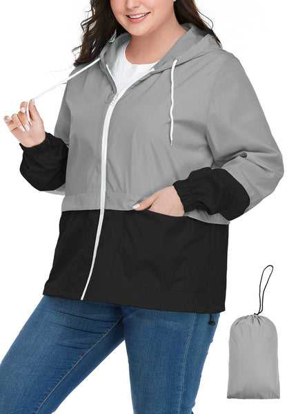 Zando Plus Size Rain Jacket Women Lightweight Packable Hooded Windbreaker