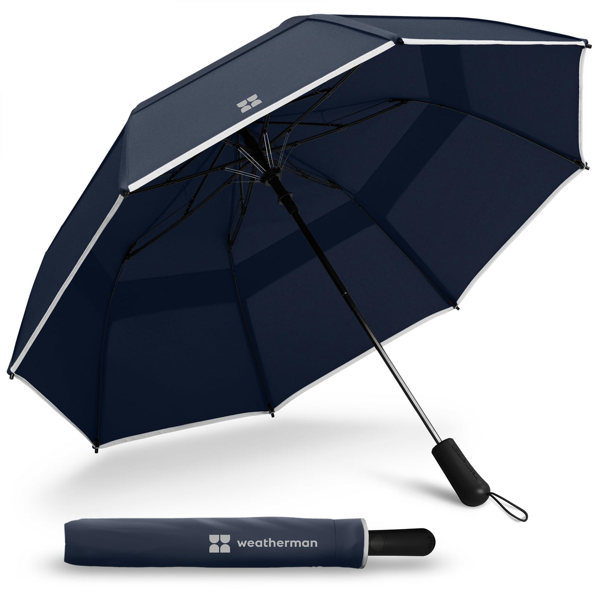 Weatherman Premium Collapsible Travel Umbrella - Windproof, Compact, Easy Auto Open - Resists Up to 55 MPH Winds - Perfect for Rain, Wind, Backpack, Car - Folding Umbrella (Navy Blue)