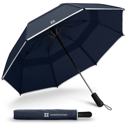 Weatherman Premium Collapsible Travel Umbrella - Windproof, Compact, Easy Auto Open - Resists Up to 55 MPH Winds - Perfect for Rain, Wind, Backpack, Car - Folding Umbrella (Navy Blue)