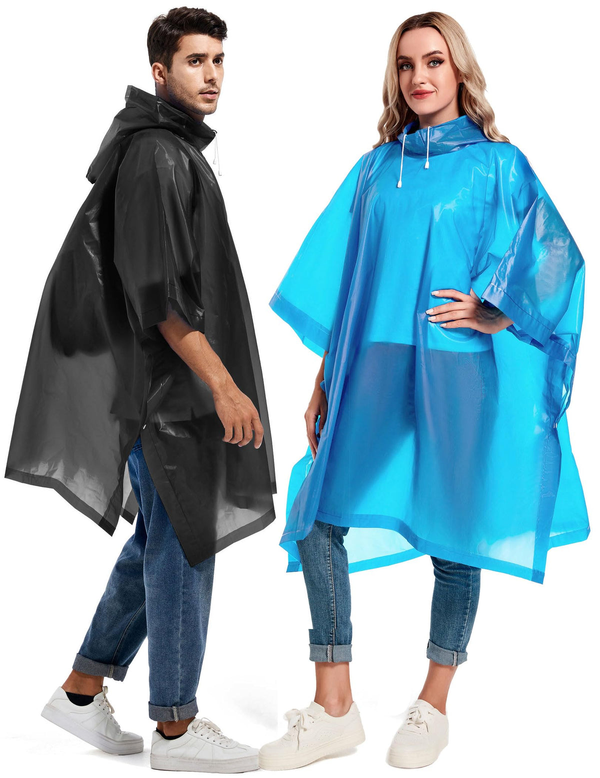 2 Pack Rain Ponchos for Adults Reusable - Raincoats Survival Emergency Heavy Duty Rain Coat with Drawstring Hood