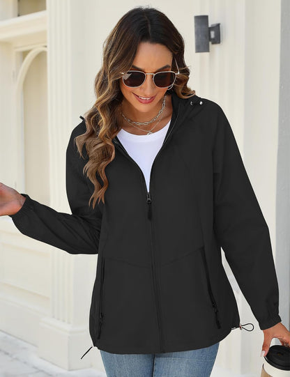 Avoogue Rain Jacket for Women Waterproof Lightweight Windbreaker Jacket with Hood Packable Raincoat with Pockets S-3XL