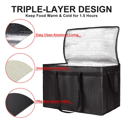 Insulated Food Delivery Bag, XXXL Insulated Reusable Grocery Cooler/Hot Bags, Tote Bag for Shopping/Travel/Doordash, Catering Bag Doordash 22x14x13, Black, 1-Pack