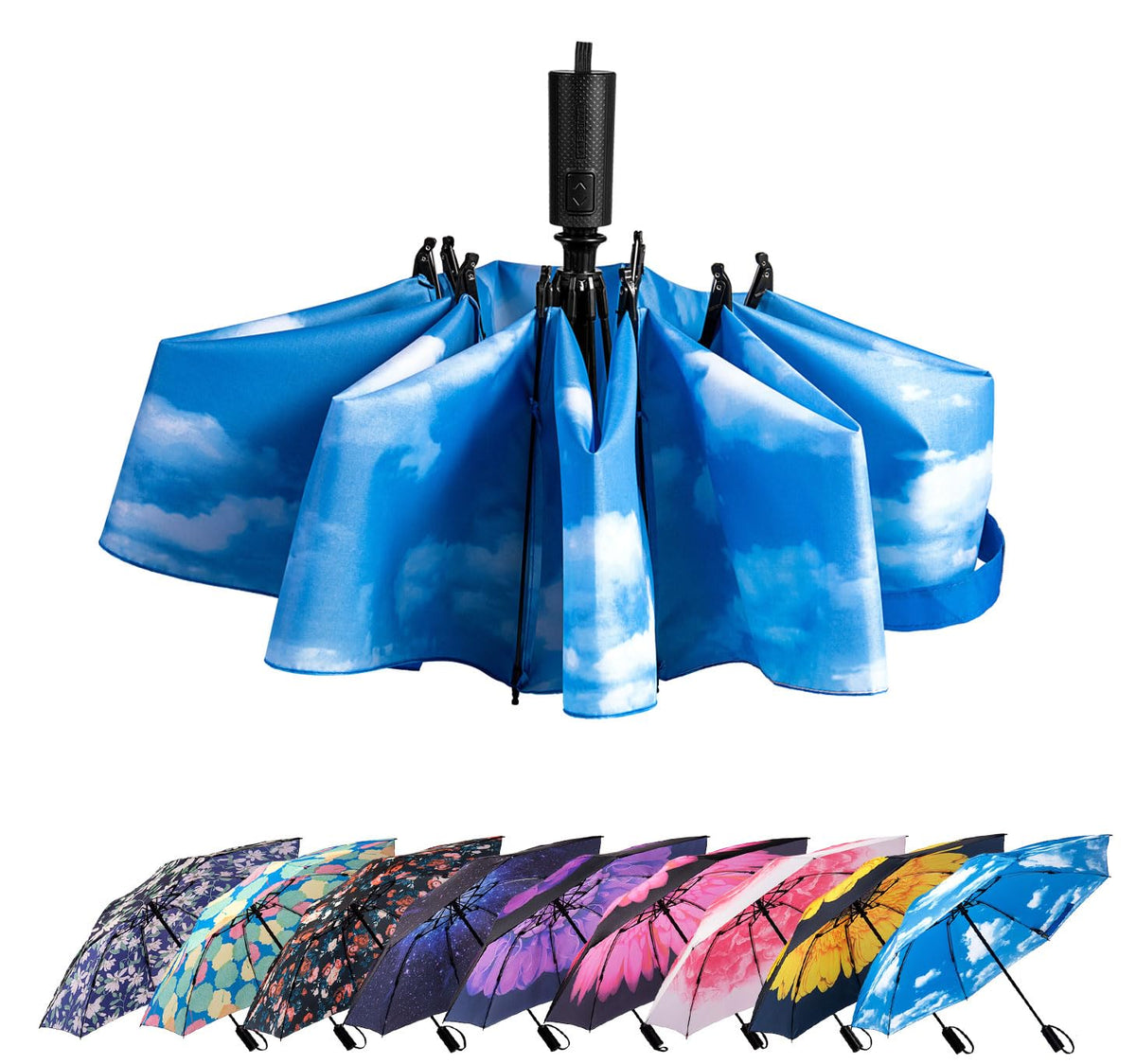 LANBRELLA Compact Reverse Folding Umbrella Auto Windproof Travel Umbrella