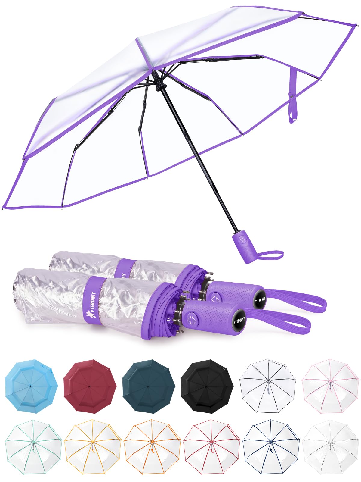 PTEROMY Windproof Travel Umbrellas for Rain and Sun, Withstands 85MPH Winds Auto Open Close Folding Umbrella with Ergonomic Handle, Quick Dry Canopy for Commuting or Backpack