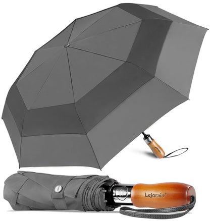 Windproof Golf Umbrella Large 54 Inch Folding Auto Open Close Wood Handle