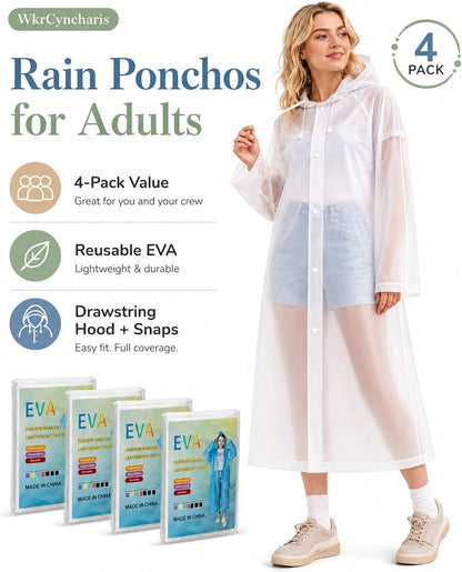 Rain Ponchos for Adults - 4 Pack Reusable EVA Waterproof Rain Jackets