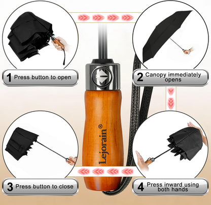 Windproof Golf Umbrella Large 54 Inch Folding Auto Open Close Wood Handle