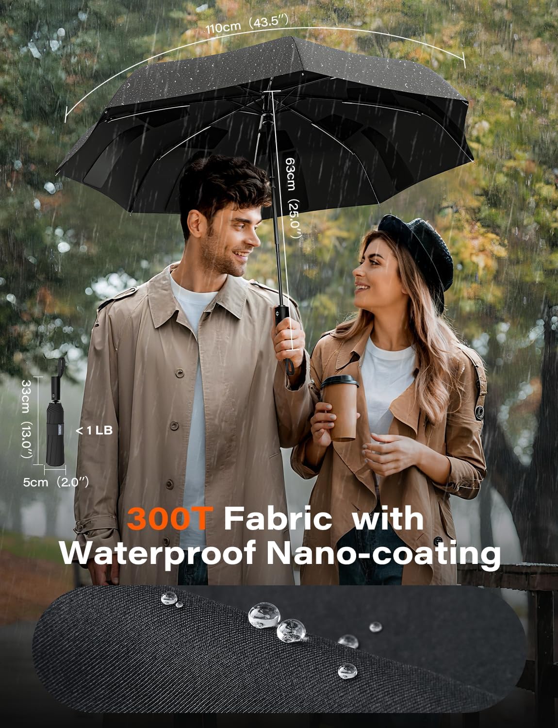 Auto-Tidy Travel Compact Umbrella for Rain, with Self-Folding Canopy Design
