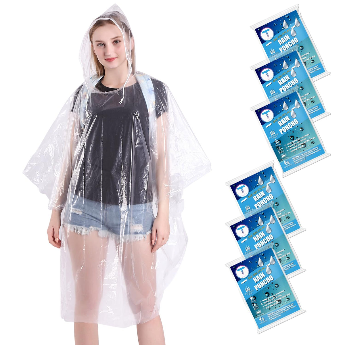 TUNCHMO Disposable Rain Ponchos for Adults & kids 6 Pack Extra Thick