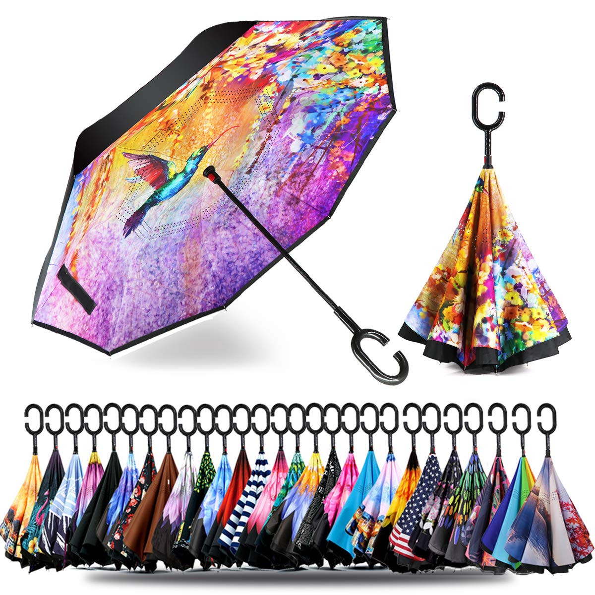 SIEPASA 49/56 Inch Inverted Reverse Upside Down Umbrella, Extra Large Double Canopy Vented Windproof Waterproof Stick Golf Umbrellas with C-shape Handle.
