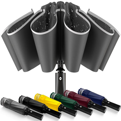 ExploreBliss Inverted Automatic Travel Umbrella with Reflective Strip, Windproof & Compact Folding Umbrella, Strong Lightweight Rain Umbrella with One-Button Open/Close for Men & Women
