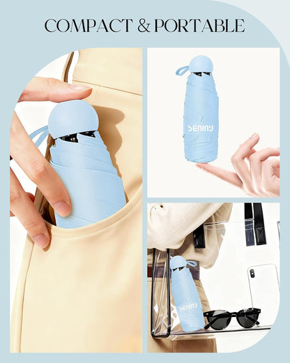 Seniny Mini Travel Umbrella with Case, Compact Pocket Size UV Sun & Rain