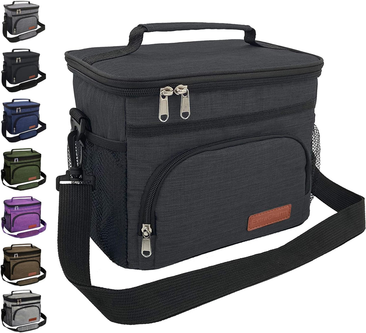 ExtraCharm Insulated Lunch Bag for Women/Men - Reusable Lunch Box for Office Picnic Hiking Beach - Leakproof Cooler Tote Bag Organizer with Adjustable Shoulder Strap for Adults - Black