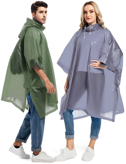 2 Pack Rain Ponchos for Adults Reusable - Raincoats Survival Emergency Heavy Duty Rain Coat with Drawstring Hood