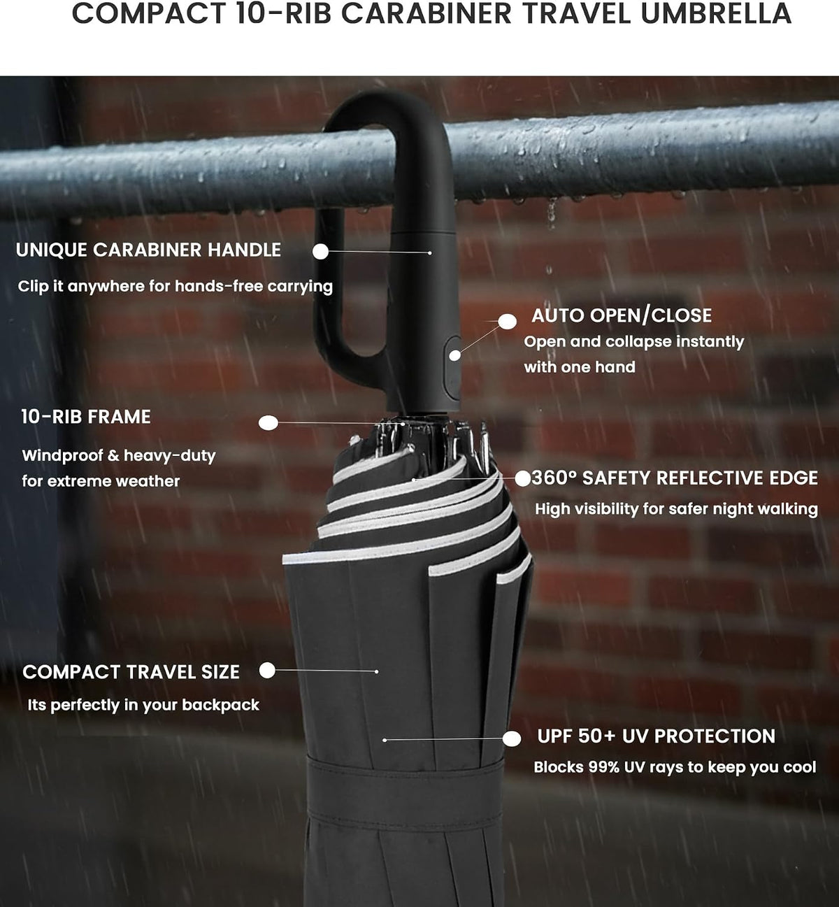 SIEPASA Travel Umbrella with Carabiner Handle - Windproof 10 Ribs Auto Open/Close for Rain & Sun Protection, Compact Portable Clip-on Backpack Design with Safety Reflective Strip.