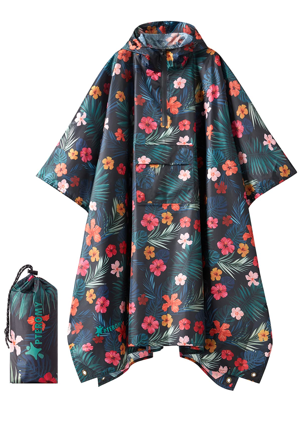 PTEROMY Hooded Rain Poncho for Adults, Reusable Waterproof Raincoat