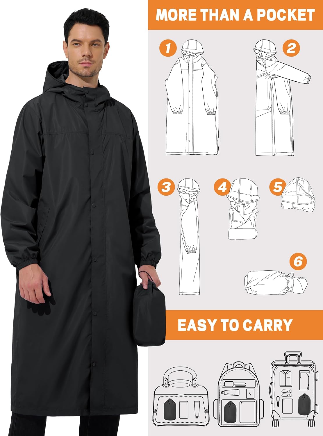 UIQUR Mens Long Rain Jacket Raincoat Waterproof Rain Poncho