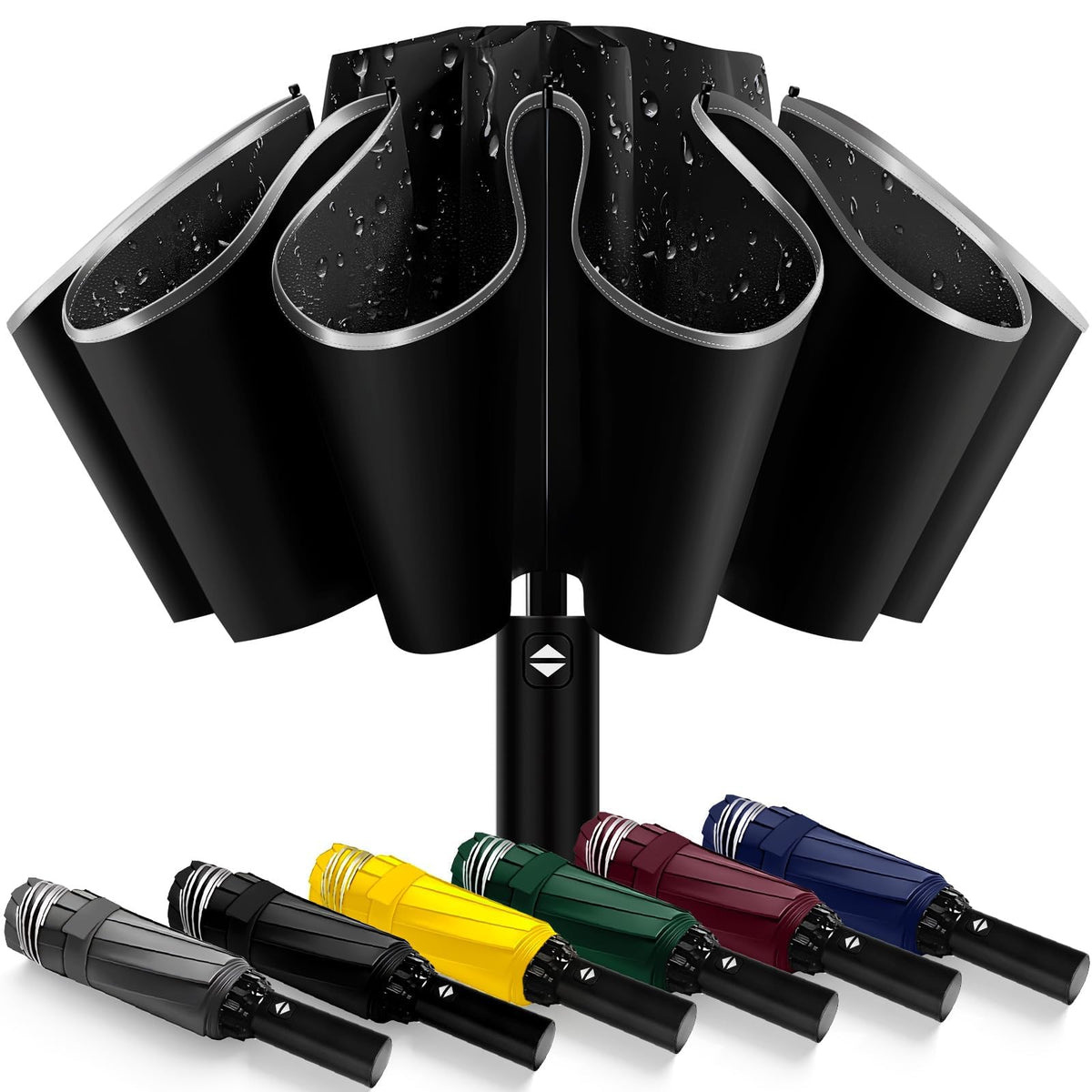 ExploreBliss Inverted Automatic Travel Umbrella with Reflective Strip, Windproof & Compact Folding Umbrella, Strong Lightweight Rain Umbrella with One-Button Open/Close for Men & Women