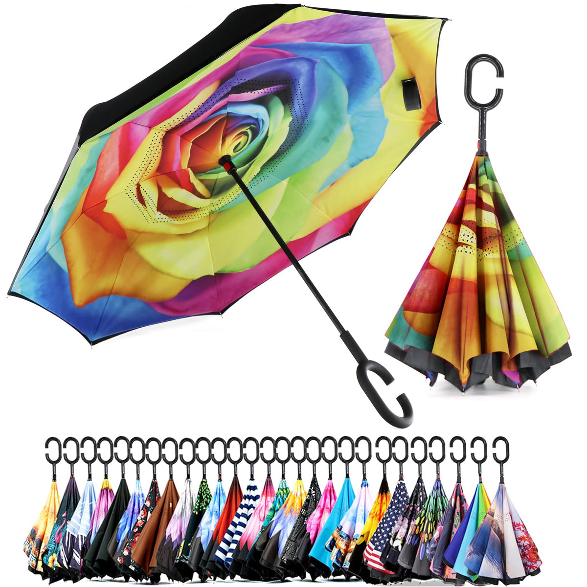 SIEPASA 49/56 Inch Inverted Reverse Upside Down Umbrella, Extra Large Double Canopy Vented Windproof Waterproof Stick Golf Umbrellas with C-shape Handle.