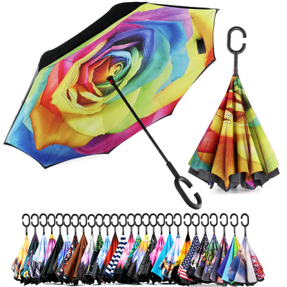 SIEPASA 49/56 Inch Inverted Reverse Upside Down Umbrella, Extra Large Double Canopy Vented Windproof Waterproof Stick Golf Umbrellas with C-shape Handle.