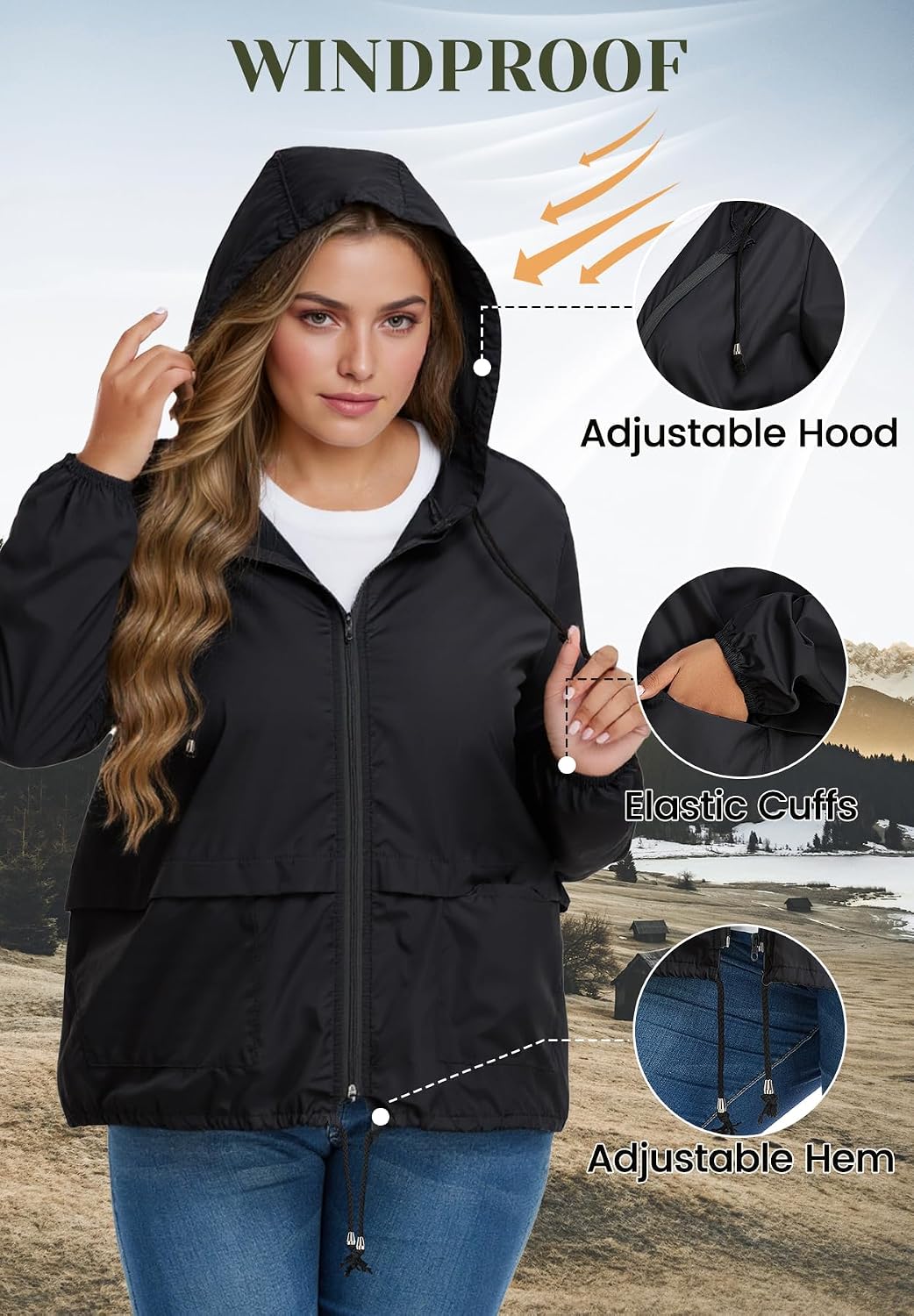 Zando Plus Size Rain Jacket Women Lightweight Packable Hooded Windbreaker