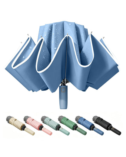 Fogkey Large Windproof Travel Umbrella - Reverse Auto Folding Car Umbrella for Rain and Sun, Compact Inverted Design with Waterproof Canopy, 10 Durable Ribs, Fits Backpack, Portable for Women & Men
