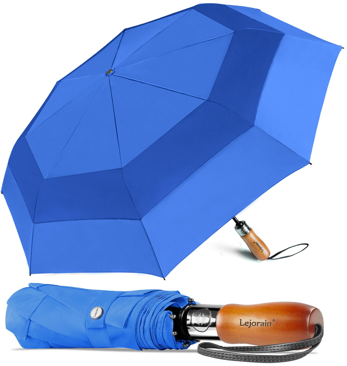 Windproof Golf Umbrella Large 54 Inch Folding Auto Open Close Wood Handle