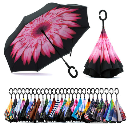 SIEPASA 49/56 Inch Inverted Reverse Upside Down Umbrella, Extra Large Double Canopy Vented Windproof Waterproof Stick Golf Umbrellas with C-shape Handle.