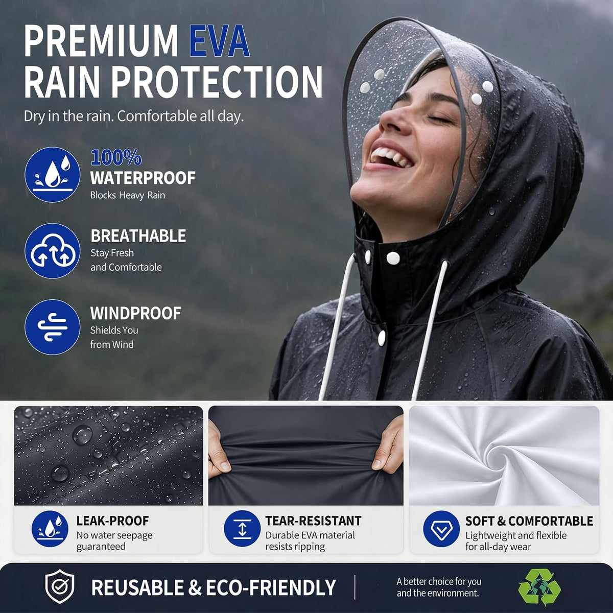 Women's EVA Raincoat, Waterproof Hooded Long Rain Poncho