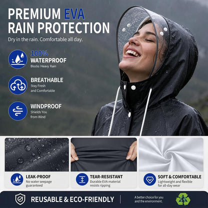 Women's EVA Raincoat, Waterproof Hooded Long Rain Poncho