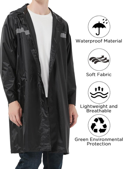 Mens Long Safety Rain Coats with Air Vents Reflective Stripes Waterproof Packable Rain Jacket with Hood Lightweight