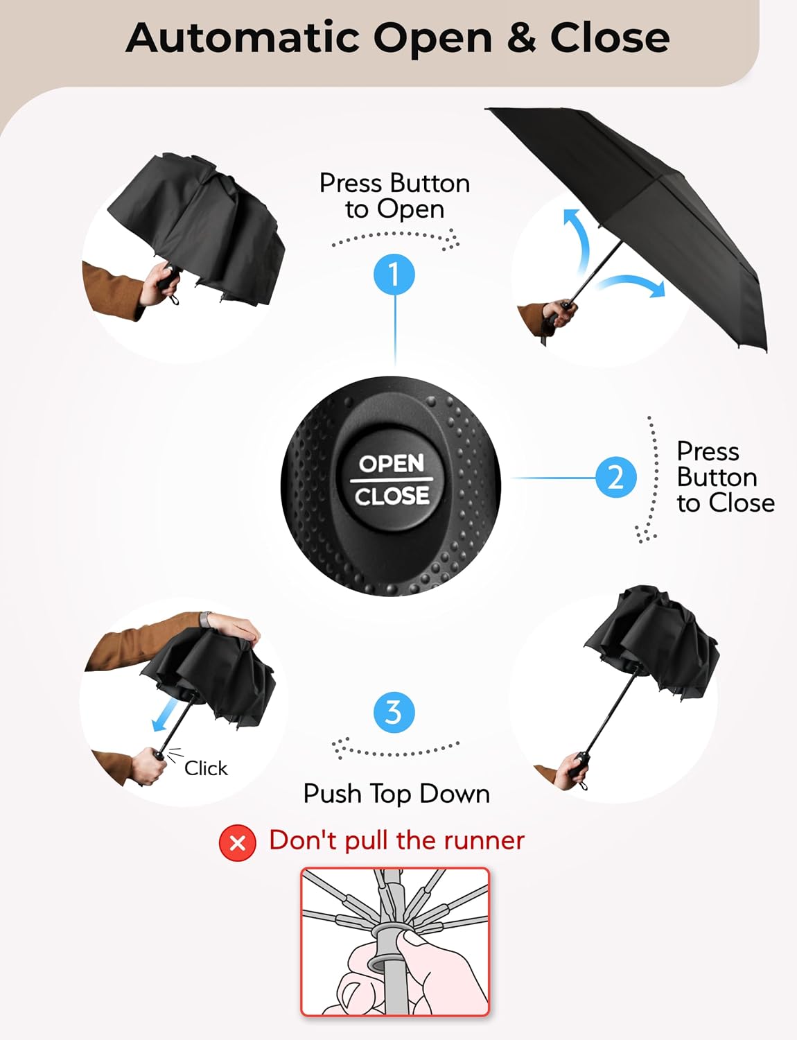 TUMELLA Strongest Windproof Travel Umbrella (Compact, 100MPH Wind-Tested), Light, Portable, One-Handed Use, Automatic Folding Rain Umbrella, Durable, Premium Grip, Fits Car & Backpack