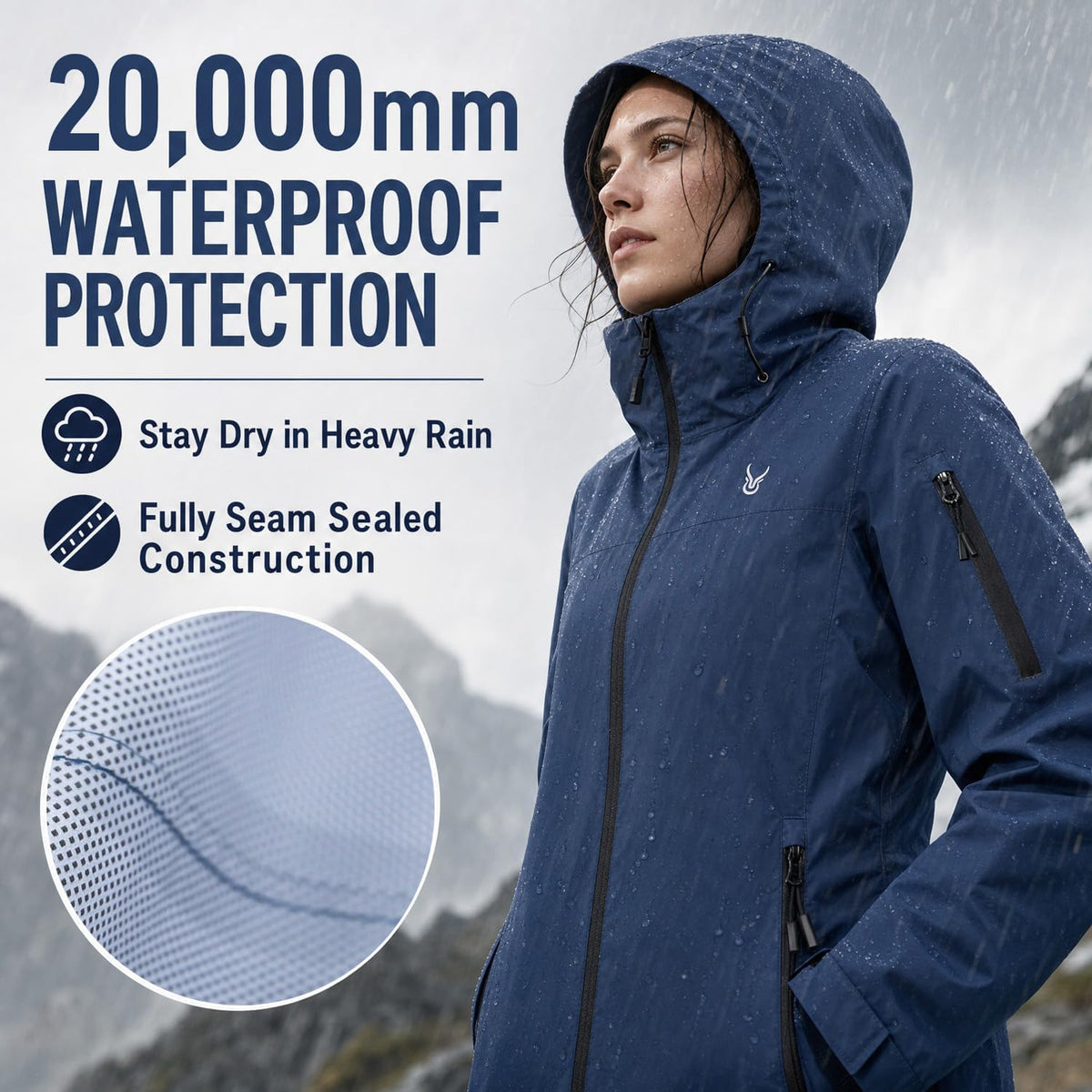 Women's 20000mm Waterproof Rain Jacket Lightweight Packable Hooded Raincoat