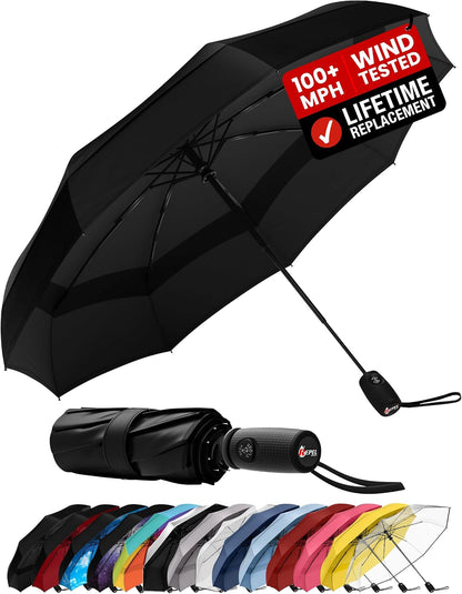 Windproof Travel Umbrella - Compact & Withstands Winds up to 100MPH, Strongest Premium Auto Folding Umbrella for Rain and Sun - Durable, Light & Portable for Women & Men, Fits Backpack & Cars