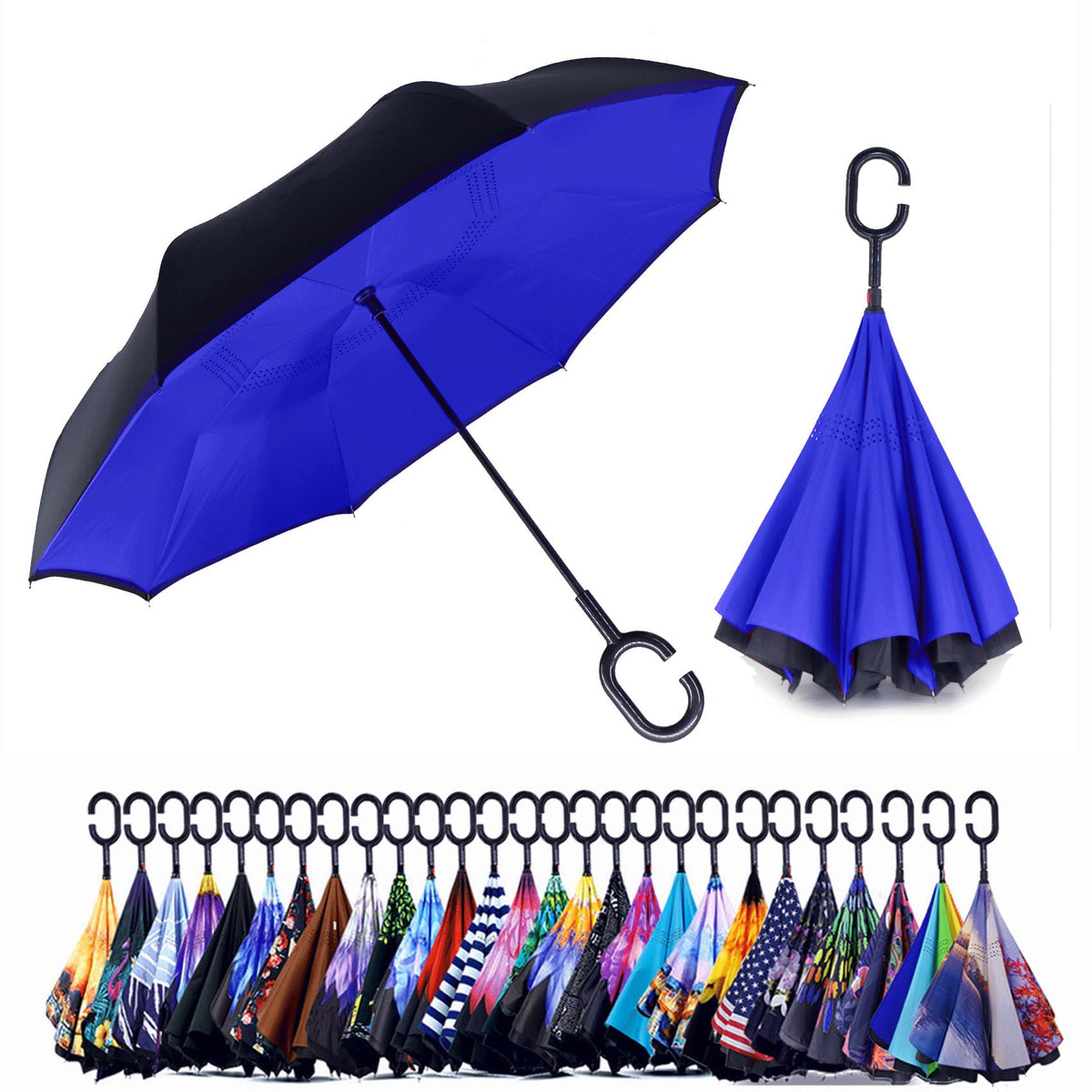 SIEPASA 49/56 Inch Inverted Reverse Upside Down Umbrella, Extra Large Double Canopy Vented Windproof Waterproof Stick Golf Umbrellas with C-shape Handle.