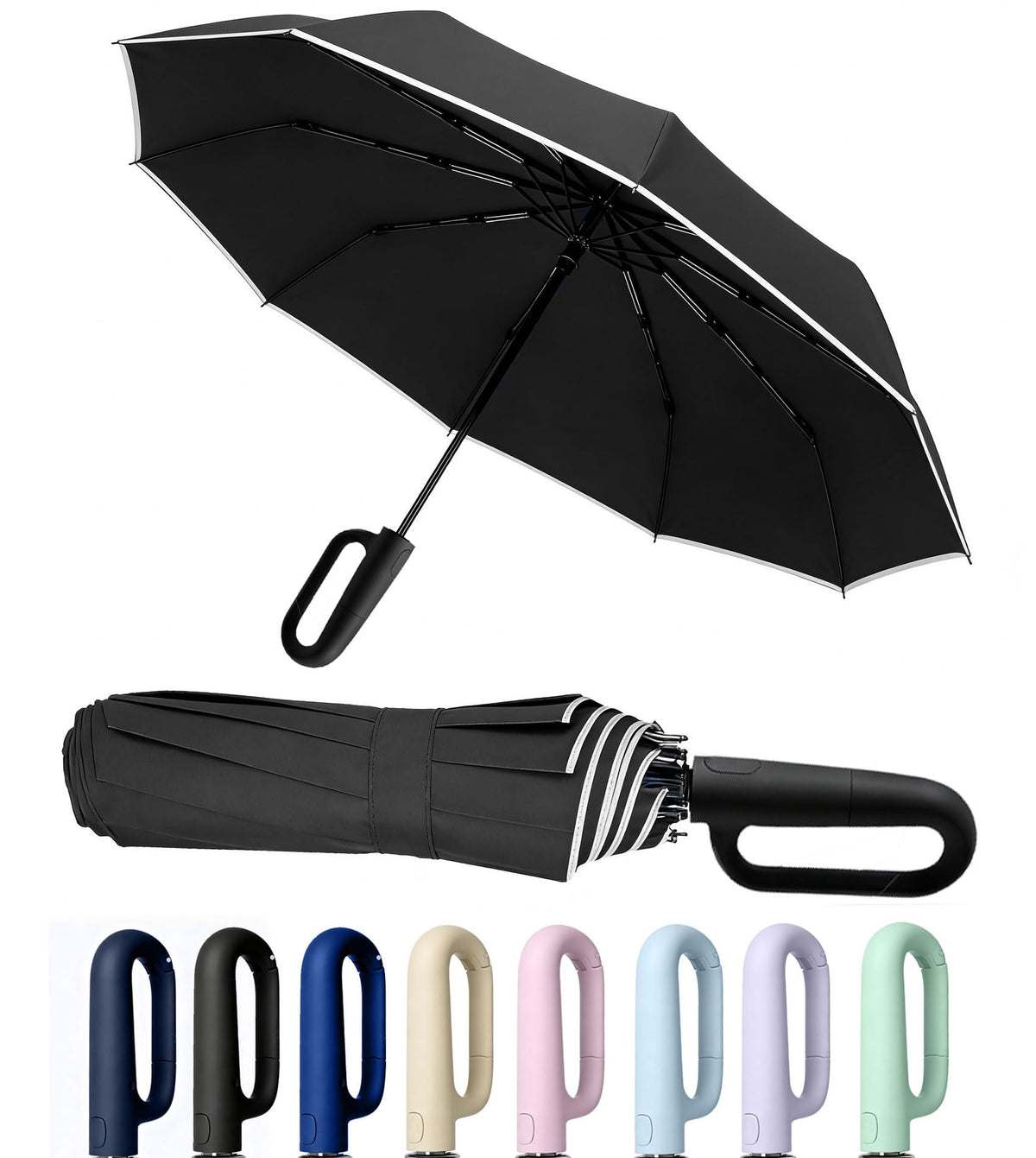 SIEPASA Travel Umbrella with Carabiner Handle - Windproof 10 Ribs Auto Open/Close for Rain & Sun Protection, Compact Portable Clip-on Backpack Design with Safety Reflective Strip.