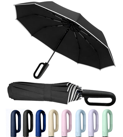 SIEPASA Travel Umbrella with Carabiner Handle - Windproof 10 Ribs Auto Open/Close for Rain & Sun Protection, Compact Portable Clip-on Backpack Design with Safety Reflective Strip.