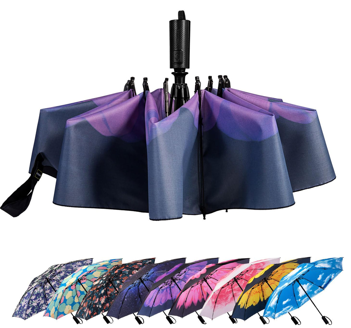 LANBRELLA Compact Reverse Folding Umbrella Auto Windproof Travel Umbrella