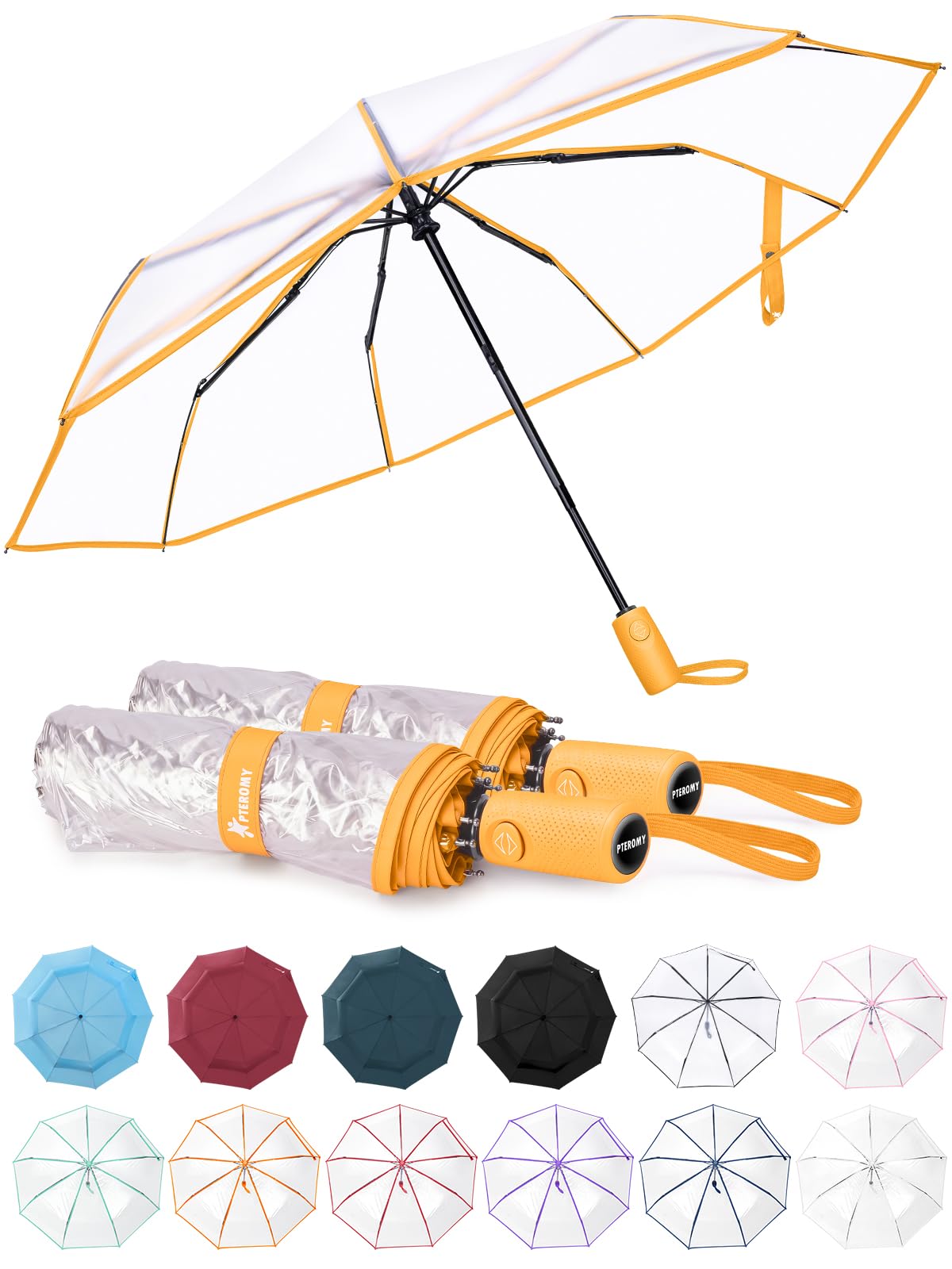 PTEROMY Windproof Travel Umbrellas for Rain and Sun, Withstands 85MPH Winds Auto Open Close Folding Umbrella with Ergonomic Handle, Quick Dry Canopy for Commuting or Backpack