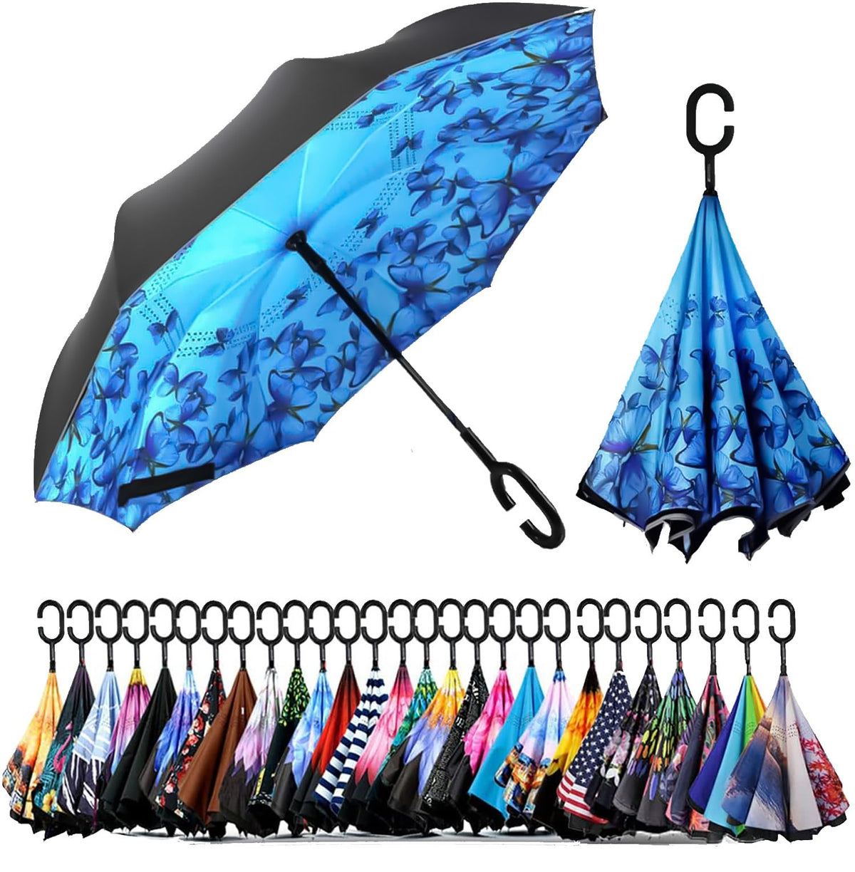 SIEPASA 49/56 Inch Inverted Reverse Upside Down Umbrella, Extra Large Double Canopy Vented Windproof Waterproof Stick Golf Umbrellas with C-shape Handle.
