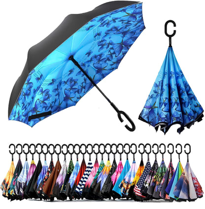 SIEPASA 49/56 Inch Inverted Reverse Upside Down Umbrella, Extra Large Double Canopy Vented Windproof Waterproof Stick Golf Umbrellas with C-shape Handle.