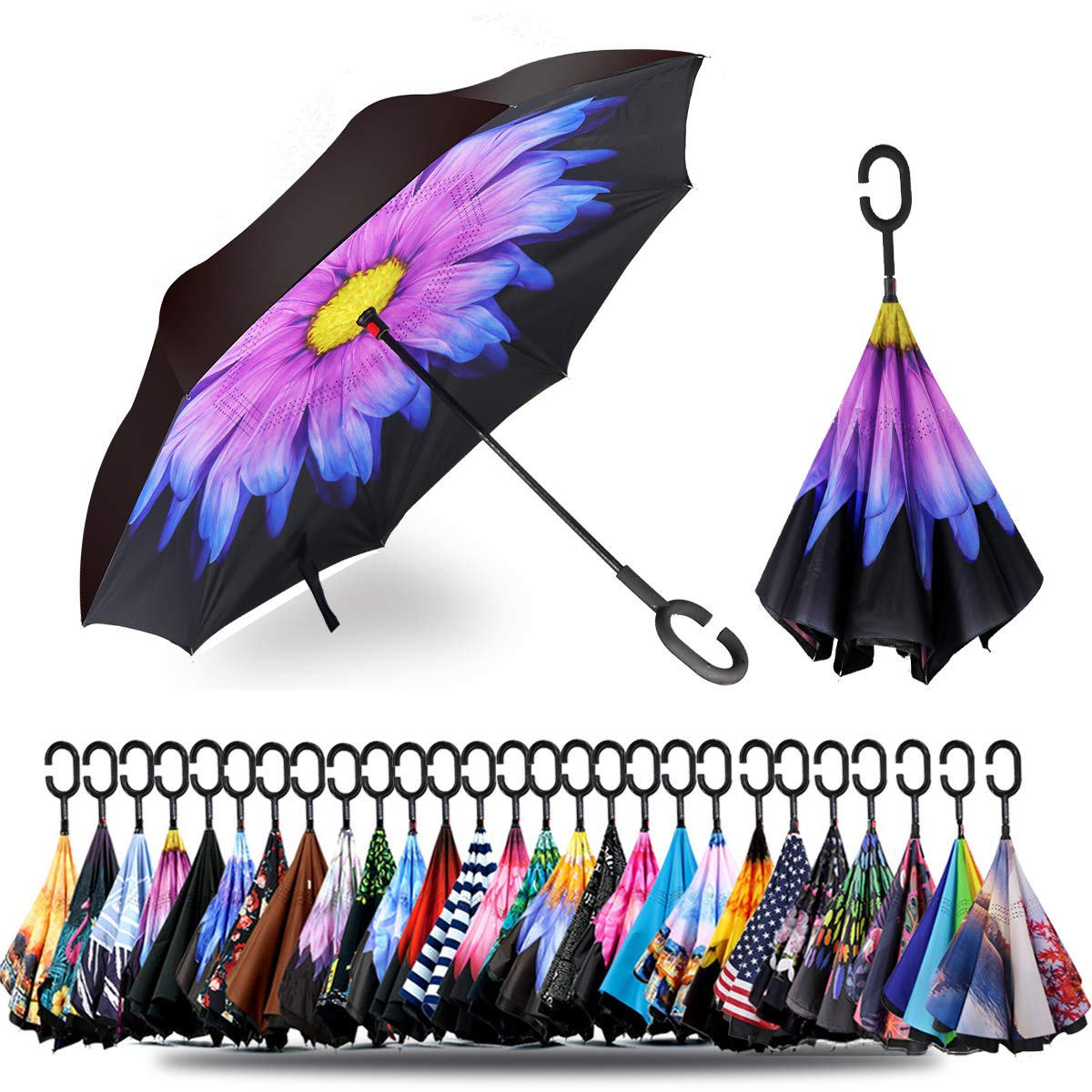 SIEPASA 49/56 Inch Inverted Reverse Upside Down Umbrella, Extra Large Double Canopy Vented Windproof Waterproof Stick Golf Umbrellas with C-shape Handle.