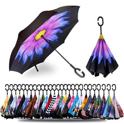 SIEPASA 49/56 Inch Inverted Reverse Upside Down Umbrella, Extra Large Double Canopy Vented Windproof Waterproof Stick Golf Umbrellas with C-shape Handle.