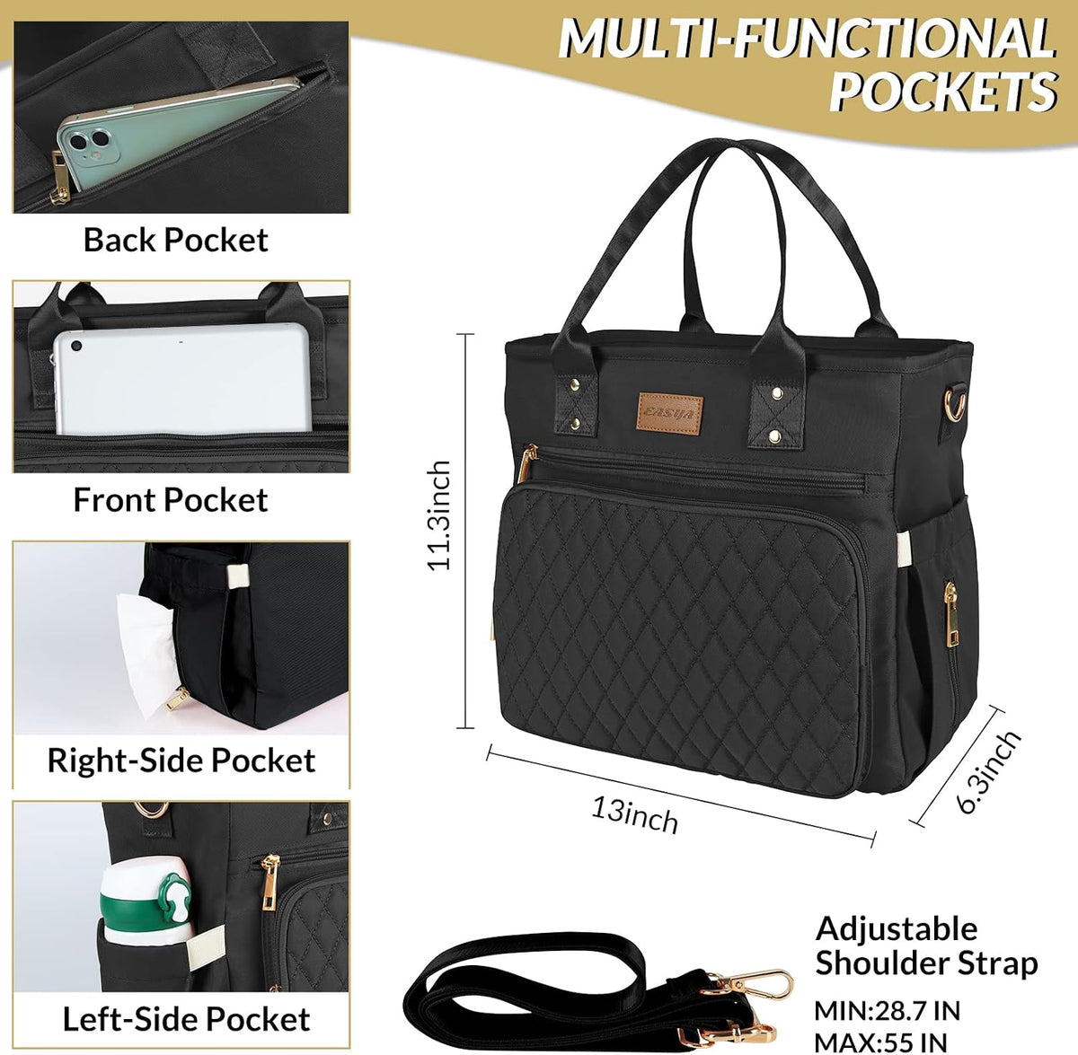 EASYA Large Insulated Lunch Bag for Work, Women's Nylon Thermal Lunch Box, Leakproof Cooler Tote Bag with Storage Pocket (Black)