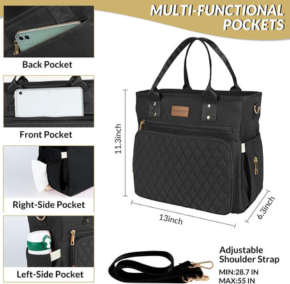 EASYA Large Insulated Lunch Bag for Work, Women's Nylon Thermal Lunch Box, Leakproof Cooler Tote Bag with Storage Pocket (Black)