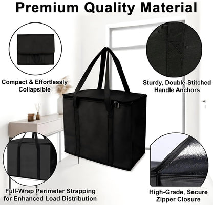 4-Pack Extra Large Insulated Grocery Bags, Collapsible Cooler Bags with Zipper, Multi-Purpose Insulated Tote Bags for Shopping, Camping, Beach, and Trips (16.1" x 10.2" x 13", Black)